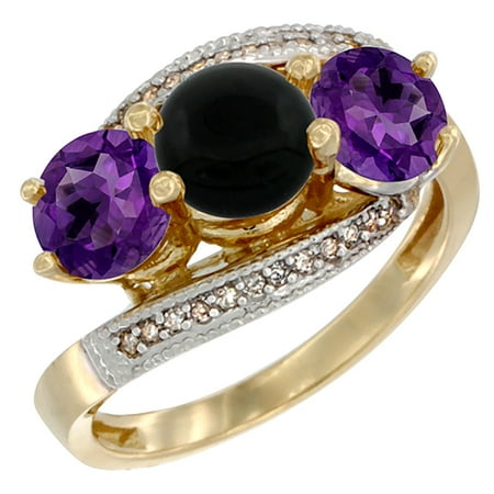 Round Natural Onyx - 10K Yellow Gold Natural Black Onyx & Amethyst Sides 3 stone Ring Round 6mm Diamond Accent, sizes 5 - 10