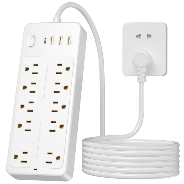 Cshidworld Surge Protector Regleta, 10 Tomacorrientes con 4 Puertos USB, 2 USB-C, Cable de Extensión de 4 Pies, 1875W/15A, 1700J, para Escritorio de Oficina en Casa, Blanco