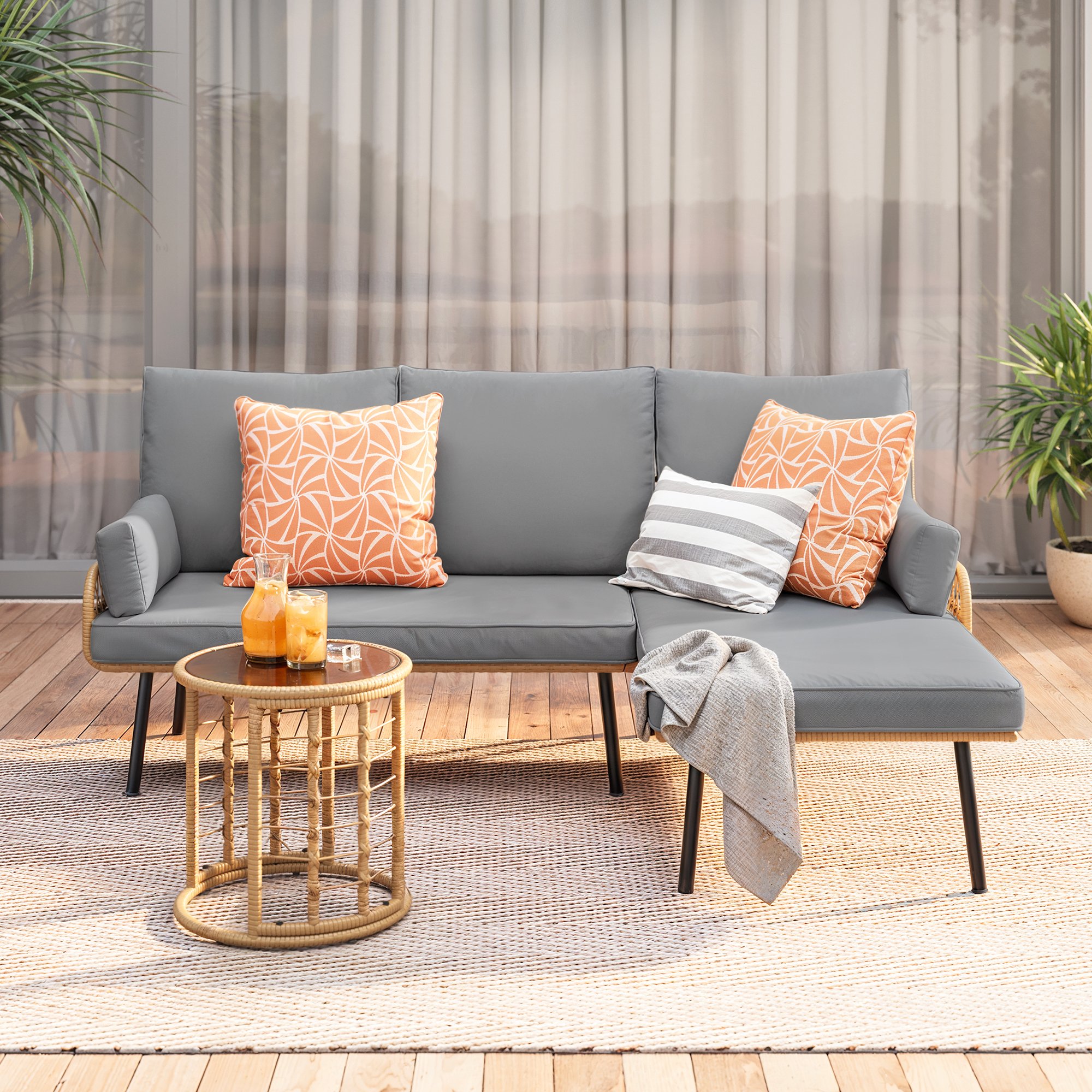 3-Piece Outdoor L-Shaped PE Wicker Conversation Set, All-Weather Waterproof Patio Furniture with Thick Cushions & Tempered Glass Coffee Table- Grey