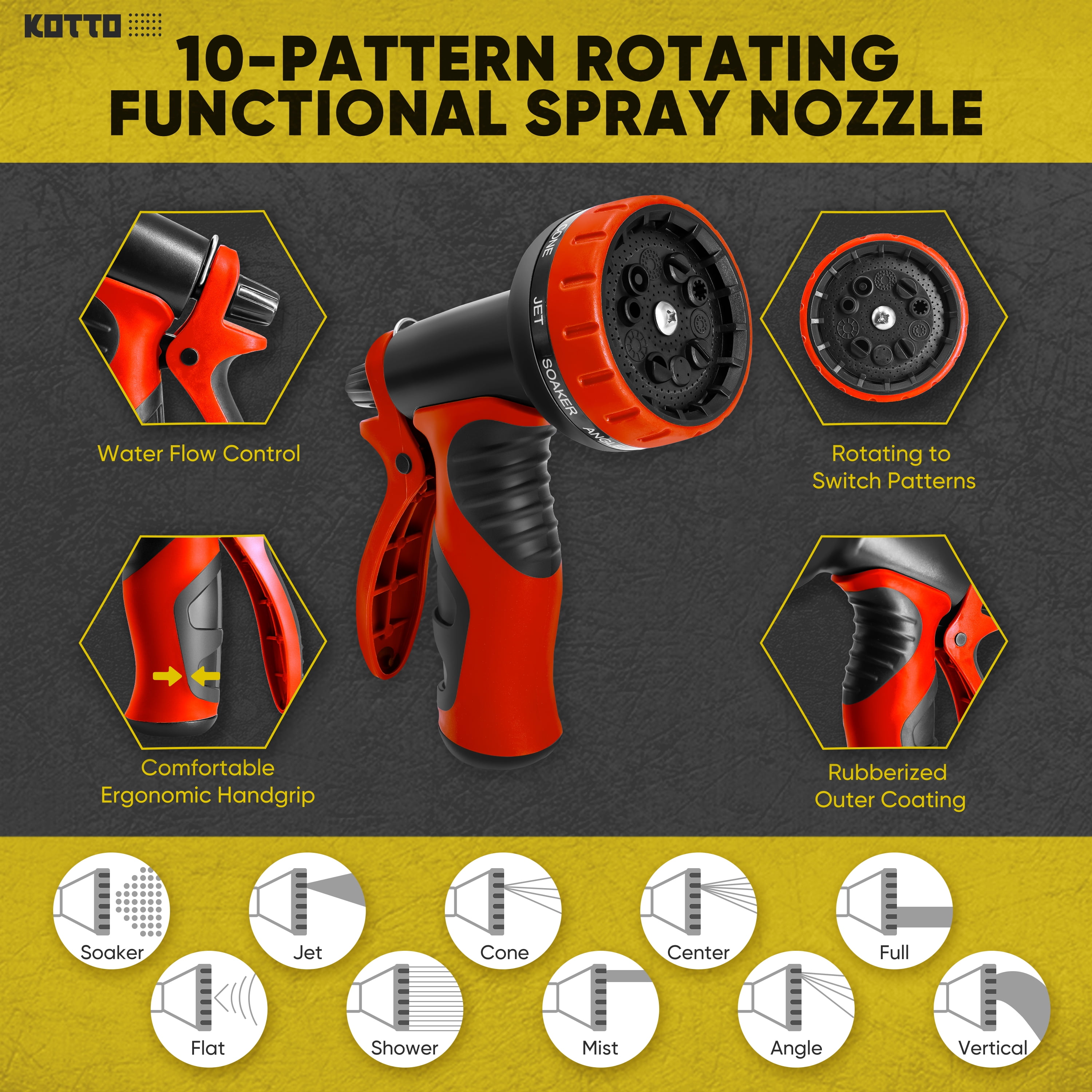 Kotto 50 ft Flexible Garden Hose, Water Hose for Outside with 10 Spray Nozzles, Brass Connector, Leak-Proof, Red