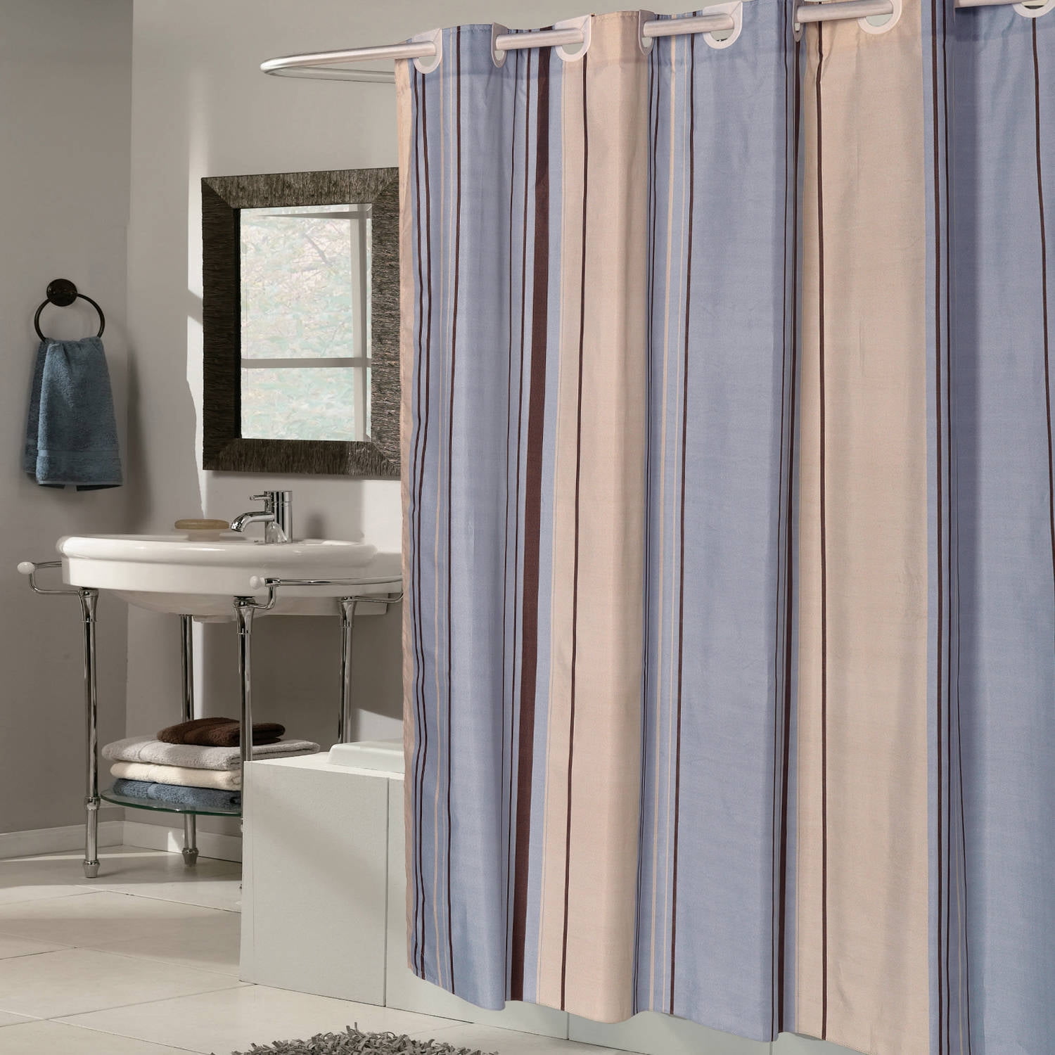 blue and tan shower curtain