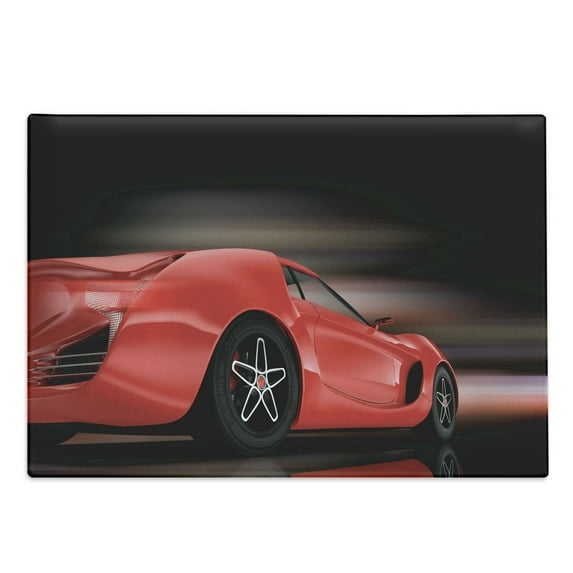 Cars Cutting Board, Rear View of a Futuristic Sports Car Motion Power Transportation Vehicle Sublime Theme, Decorative Tempered Glass Cutting and Serving Board, Large Size, Red Black, by Ambesonne