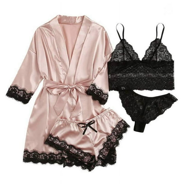 Conjunto de verano para mujer con camisola de satén con encaje y camisón a juego