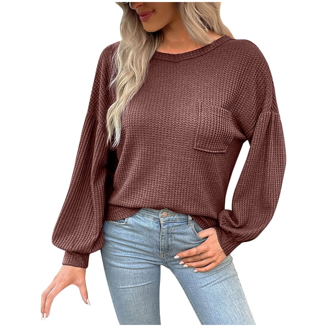 Timegard Hauts pour Femmes Col Rond Manches Longues Dos Nu Couleur Unie T-Shirts Automne Habillé Décontracté Ample Hauts