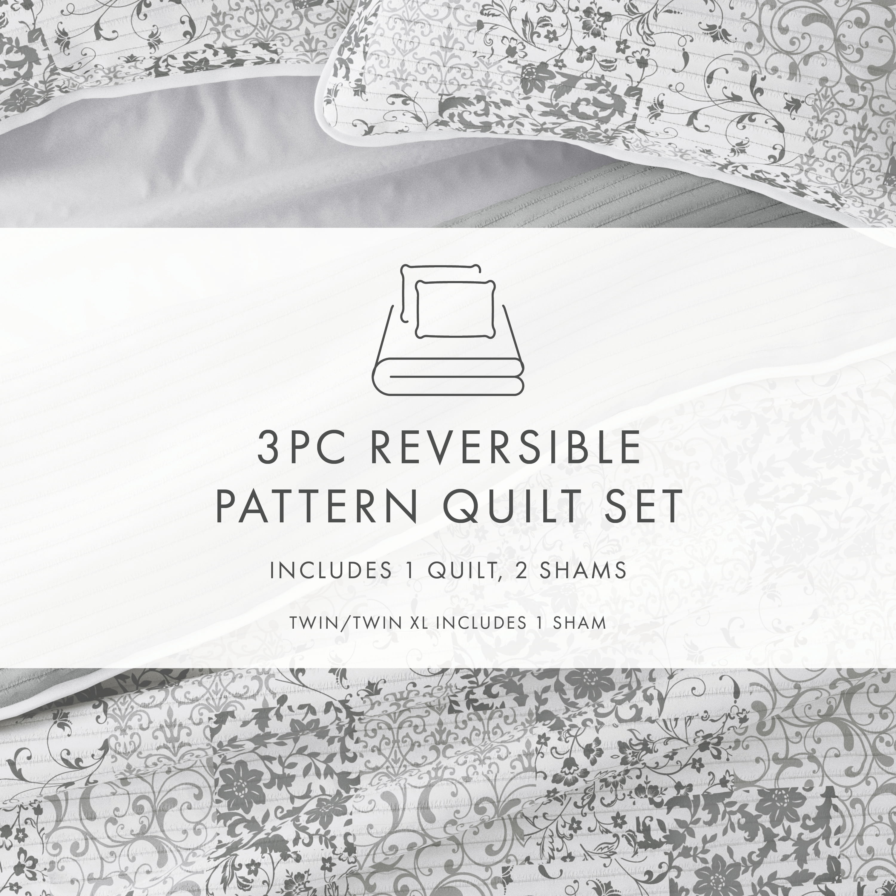 Noble Linens Light Grey 3 Piece Scrolled Patchwork Reversible Microfiber Quilt Set, King / CalKing