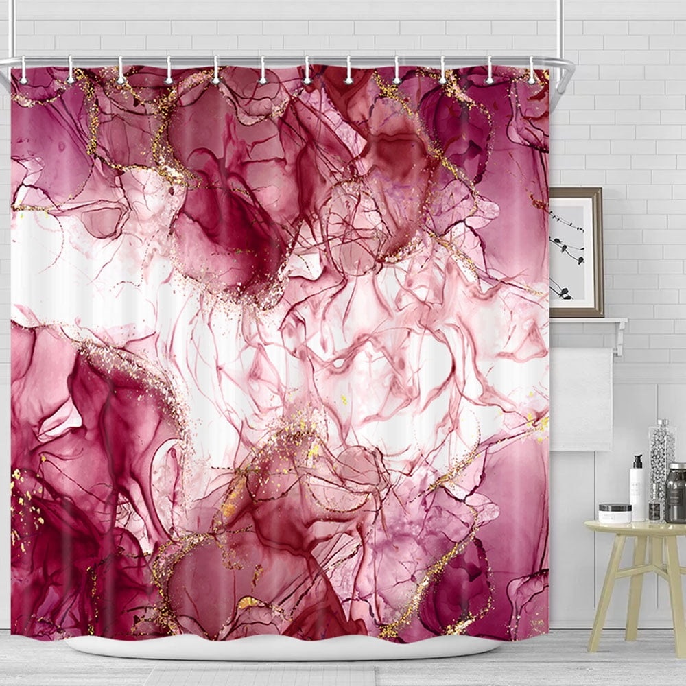Burgundy Red Gold Marble Texture Shower Curtain Sets, Abstract Modern Fabric Shower Curtain for Bathroom, 3D Printing Durable Waterproof Washable Bath Curtain with Hooks, 36X72in
