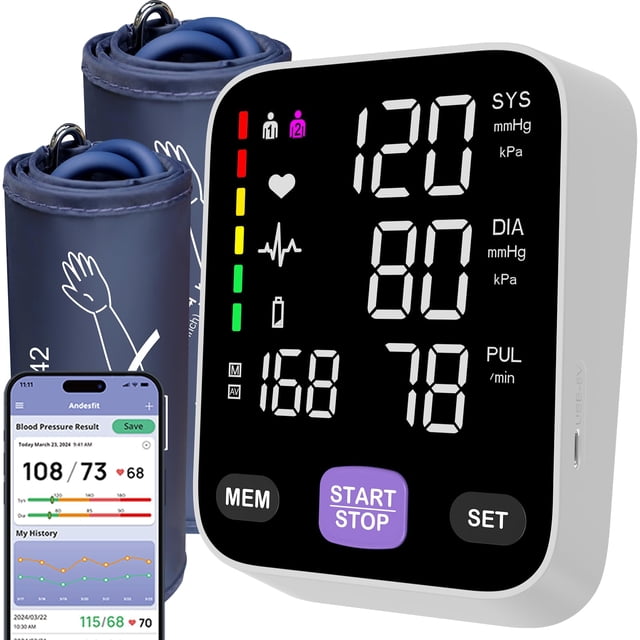 Monitores de presión arterial Bluetooth para uso doméstico. Incluye brazalete grande de 17" y brazalete extra grande de 21". Pantalla LED a color de 6 pulgadas. Monitor de presión arterial tipo brazo