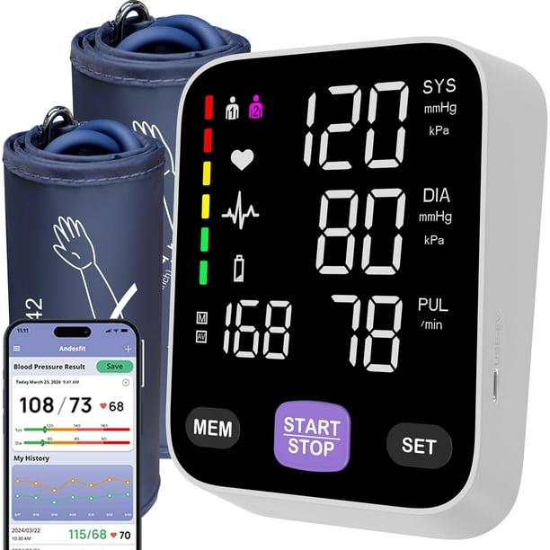 Monitores de presión arterial Bluetooth para uso doméstico. Incluye brazalete grande de 17" y brazalete extra grande de 21". Pantalla LED a color de 6 pulgadas. Monitor de presión arterial tipo brazo
