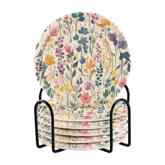 WOBOGO Colorful Abstract Flower Coil Coasters Set of 6 Minimalist Cotton Woven 3.94 inch Non-Slip Insulated and Absorbent Home Accessories.
