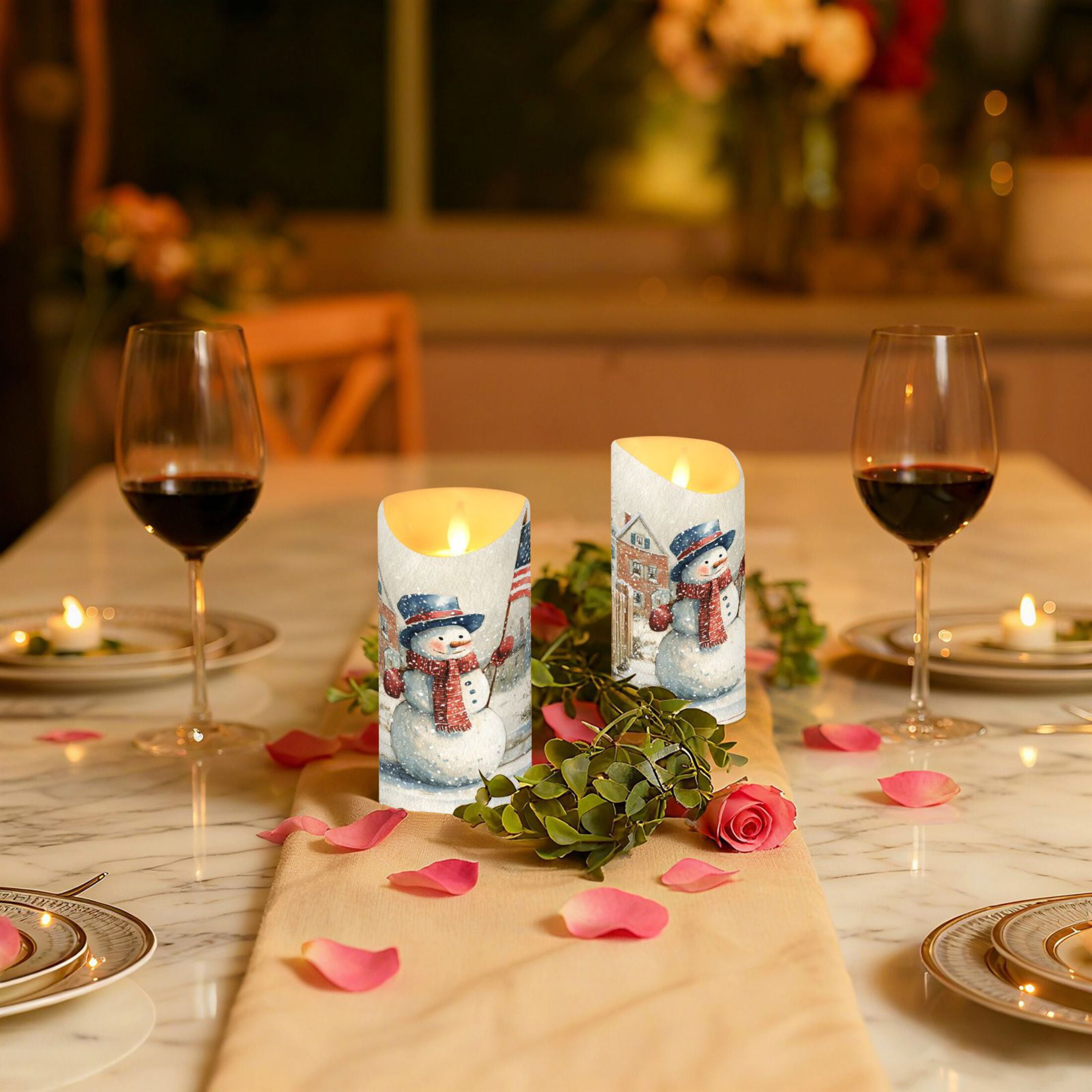 Wobogo American Flag Snowman Flameless Candles with Remote Battery Operated Flickering LED Candles with Timer 2/4/6/8H Medium Size