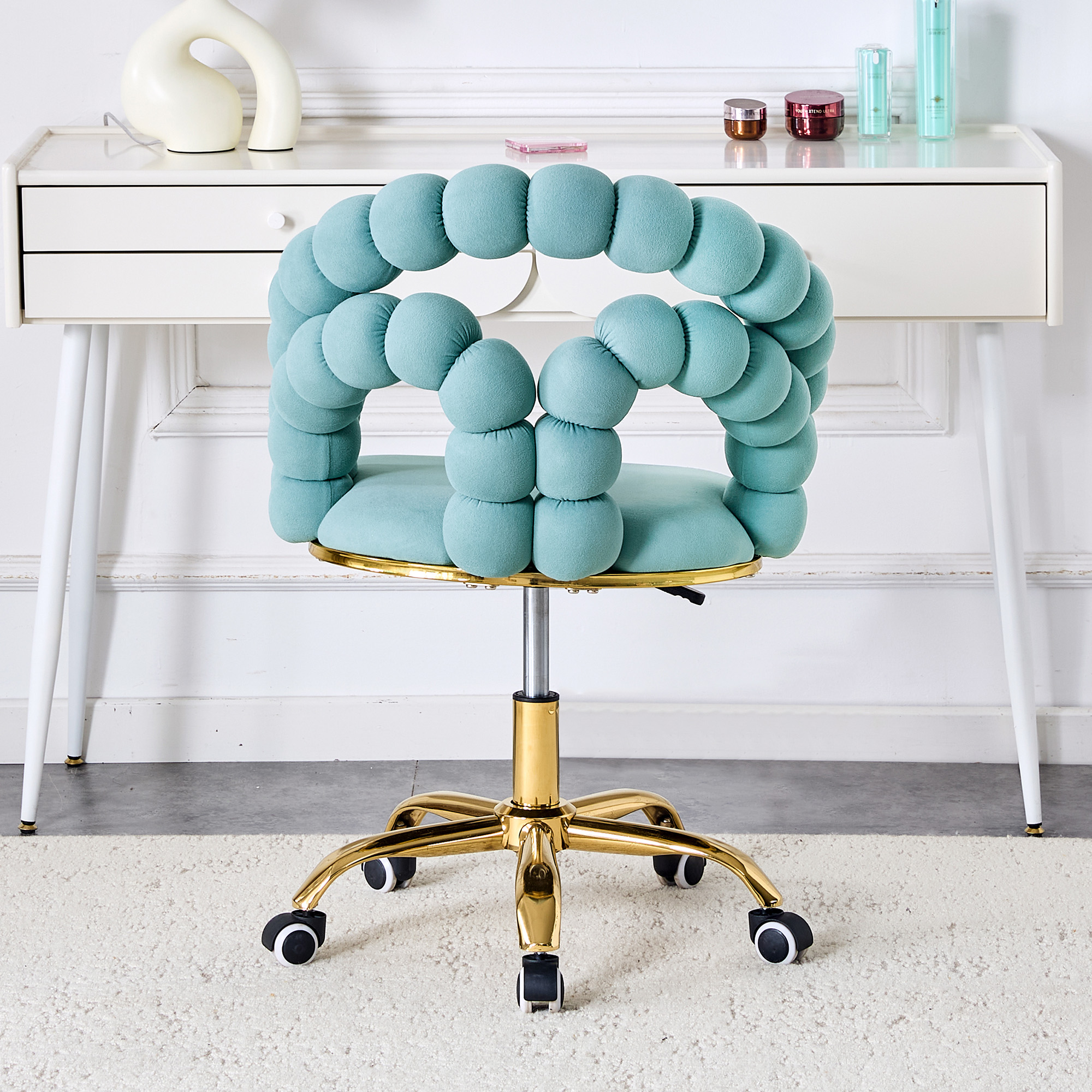 Velvet Swivel Desk Chair with Wheels, Comfortable Adjustable Height Vanity Chair, Bubble Back Computer Task Chair blue Computer Desk Chair
