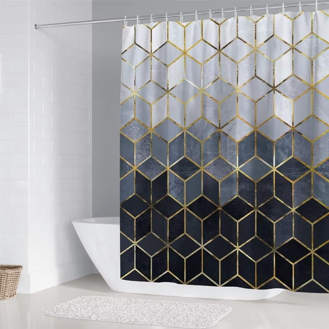 4Pcs Brown Gradient Shower Curtain Set, Modern Geometric Shower Curtain Set Golden Cubic Lines Bathroom Set Texture Art Bath Accessories with Mats