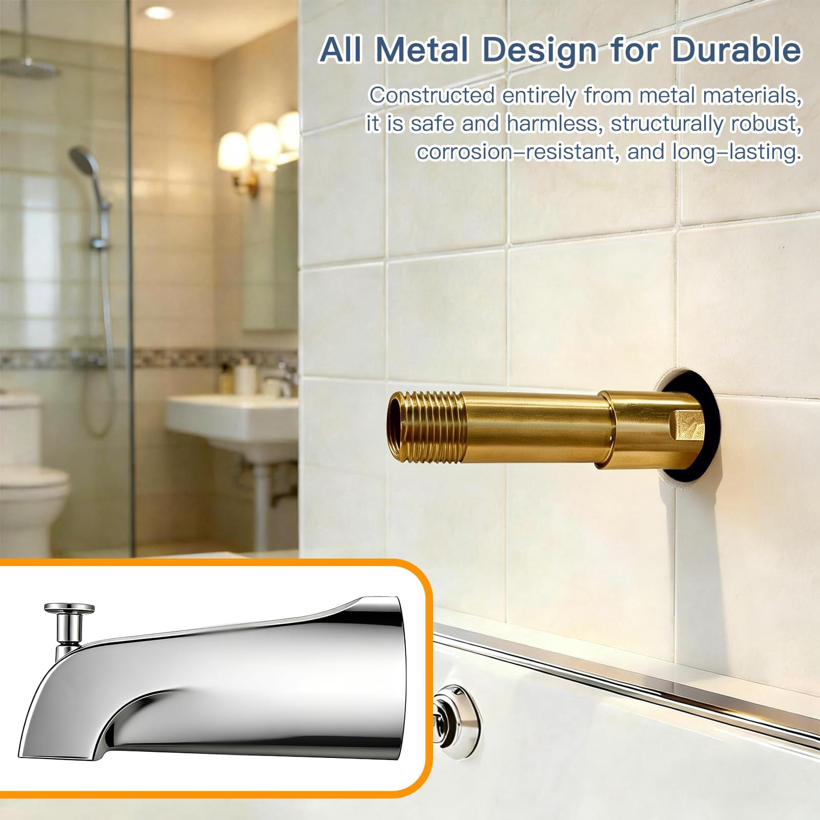 Tub Spout with Diverter, All Metal Bathtub Faucet, Chrome, for 1/2 Inch Copper Pipe
