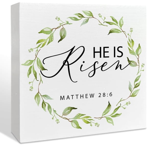 Wooden Box 5x5 Inch Easter Religious Decor Wooden Box Sign, Easter Christian Table Decor Spring Easter Bible Verse Decoration Home Kitchen Bedroom Easter Sign Decor, He Is Risen