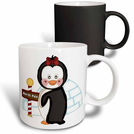 

3dRose Cute Black and White Girl Penguin With An Igloo and Bow - Magic Transforming Mug 11-ounce
