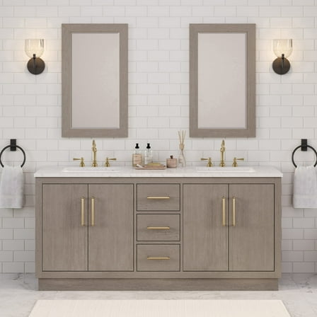 Water Creation 72"W Wood Double Bathroom Vanity in Gray Oak and Gold