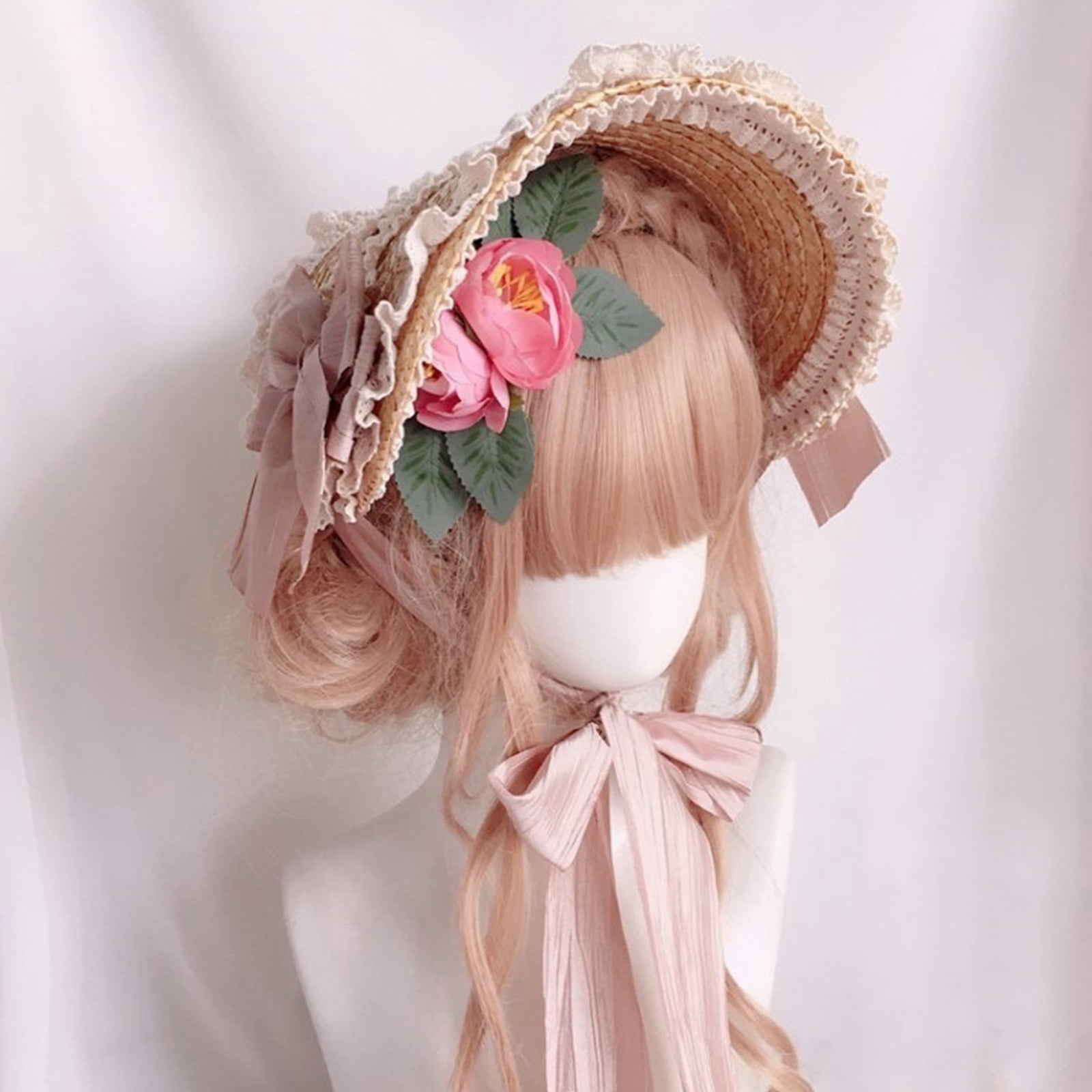 Gorgeous Lolita Flat Top Hat French Lace Flower Ribbon Bonnet Hat All-match Summer Sunshade Straw Hat for Girls Women