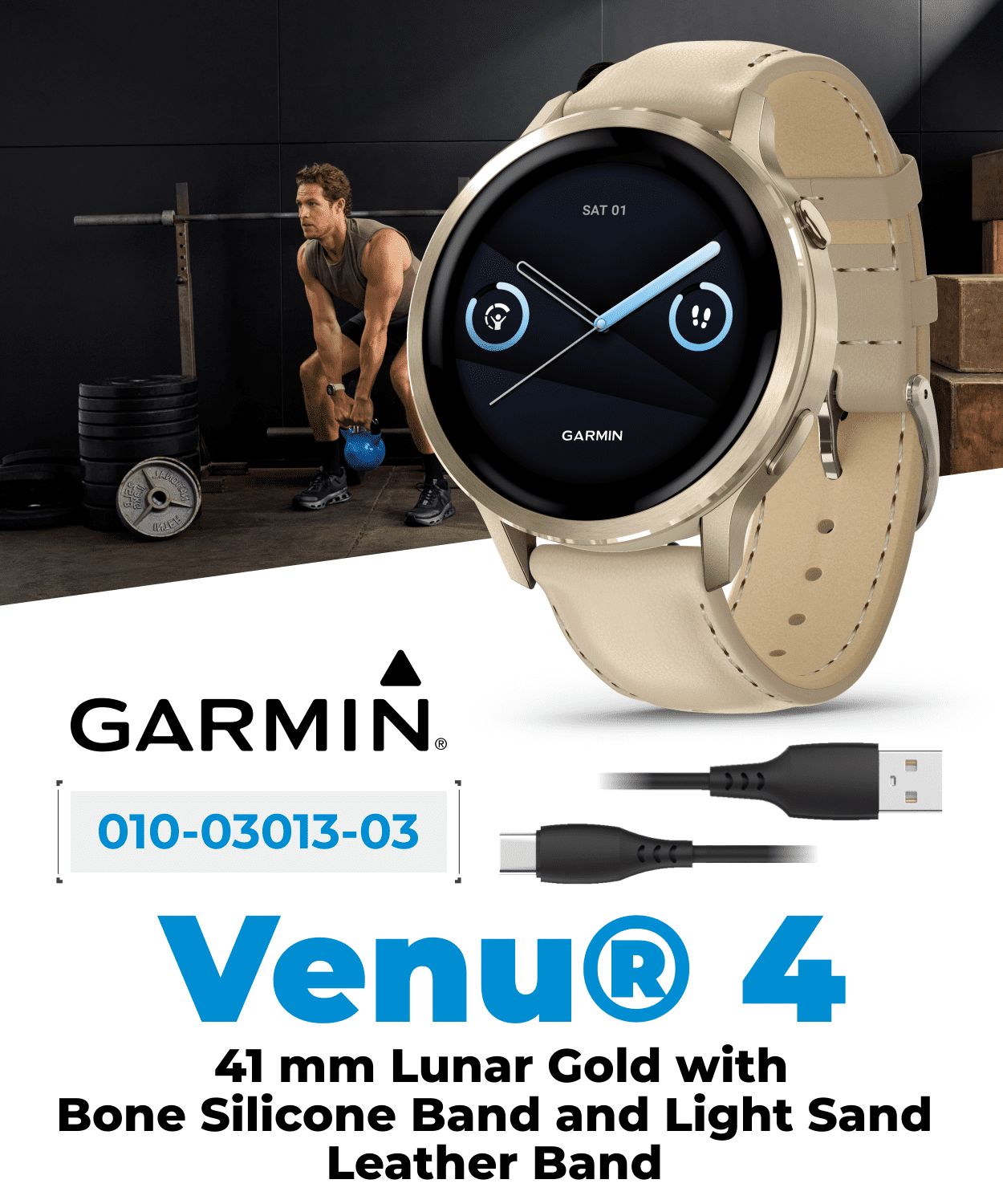 Garmin Venu 4 - 41mm AMOLED Advanced Health & Fitness GPS Smartwatch, Colorful Display, Flashlight, Lunar Gold w/Bone Silicone & Light Sand Leather Bands w/Wearable4U PowerBank Bundle