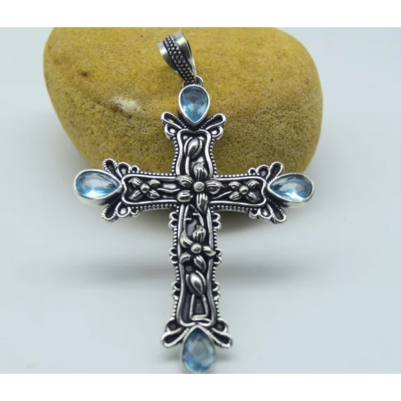 Aquamarine Gemstone Handmade 925 Sterling Silver Polished Jewelry Pendant Size 2.5"