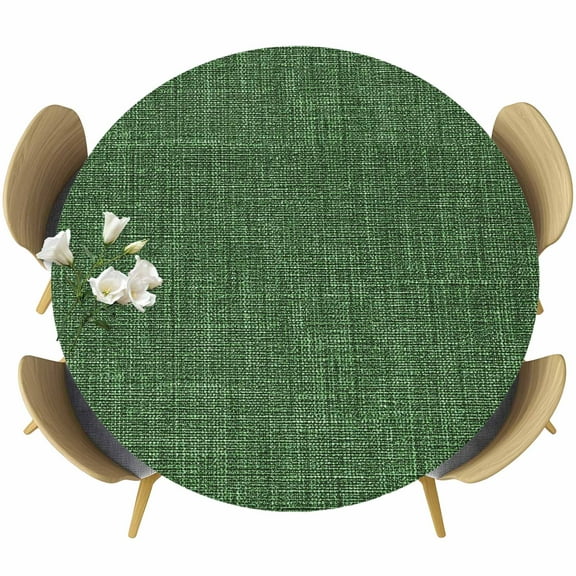 Dark Green Round Tablecloth 55-60 Inch Round Fitted Table Cloth with Elastic Edge, Vintage Country Farmhouse Minimalist Color Waterproof Table Cover Protector for Outdoor Picnic Party Dining