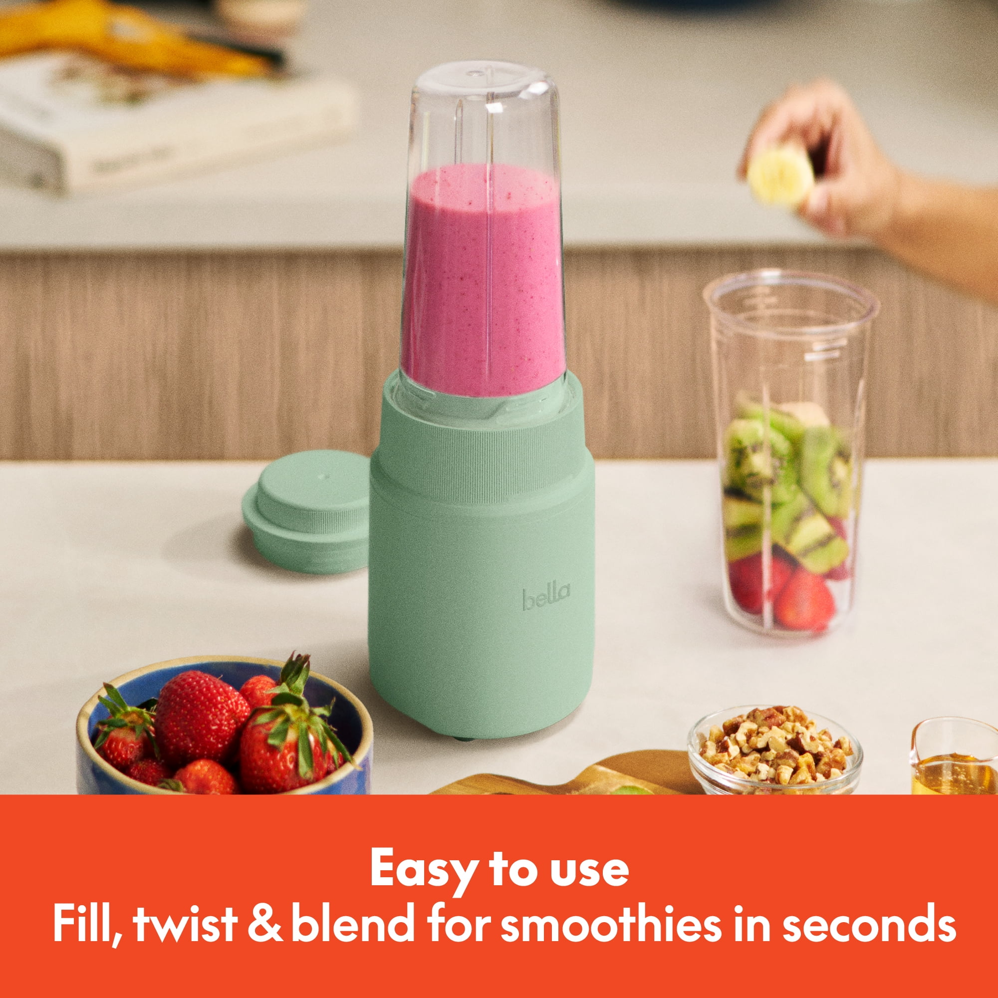 bella 6-Piece Portable Rocket Blender, Personal Smoothie Maker with Durable Stainless Steel Blades, Seaglass