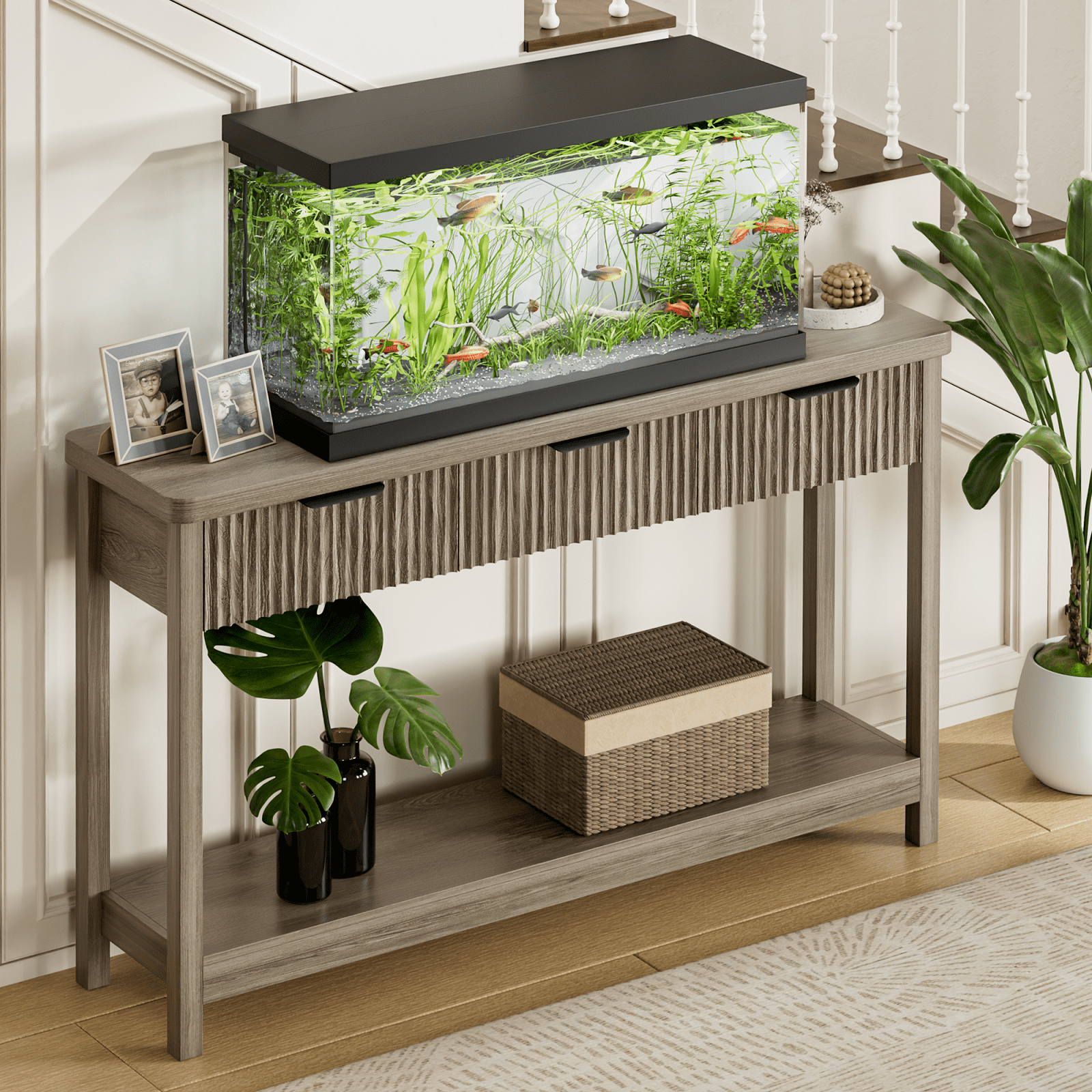 Laintene Console Table for Entryway, 51" Fluted Sofa Table with 3 Drawers and Open Shelf, Modern Narrow Display Shelf for Hallway Living Room, Gray Oak Set of 2