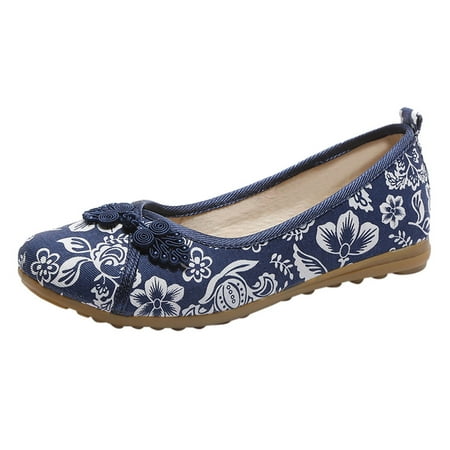 

embroidery Slope heel Single shoes for Women Floral Print Button Decor Ballet Flats for Women Slip On Shallow Mouth Simple Single Shoes Casual Shoes Work Shoes Blue