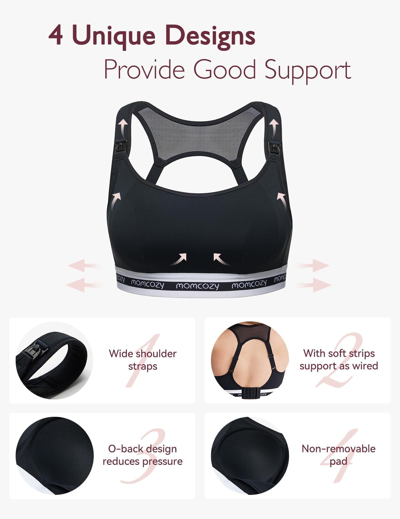 Momcozy Nursing Bras for Breastfeeding, FB014 Low-Impact Nursing Sports Bra Support Maternity Pregnancy Padded Wireless Bra