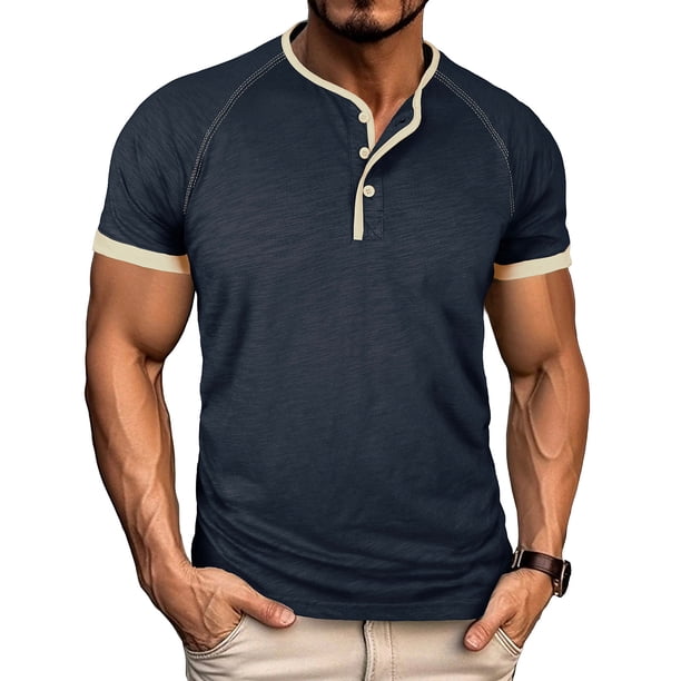 Tops para hombre, blusas y camisas de manga corta con cuello redondo para hombre, blusa informal de moda con botones y parches lisos, blusa de manga corta para hombre, blusa de poliéster para hombre