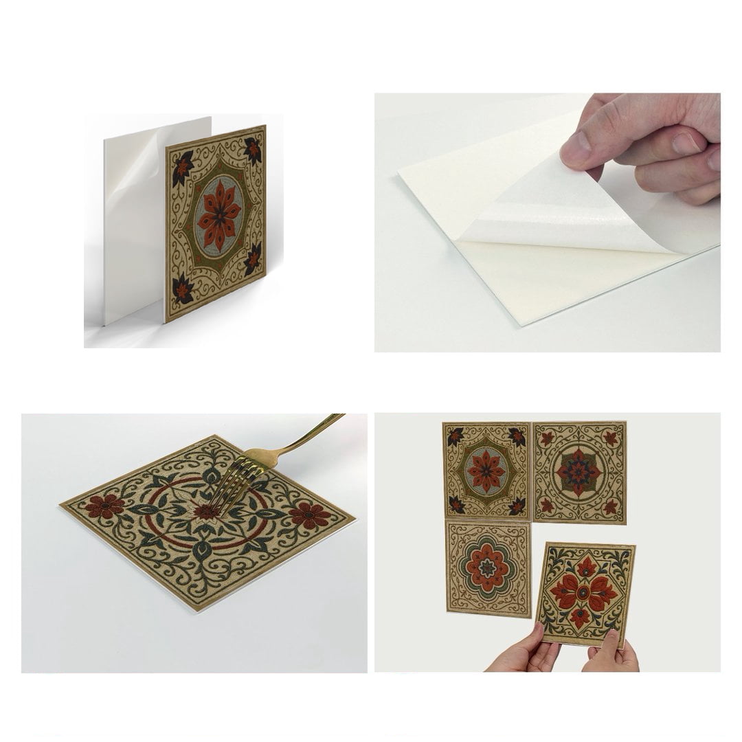 12 Pcs Foaming Board Tiles Stickers Wall Decals 5.91" x 5.91" Green Red Brown  Flowers Pattern Waterproof Peel and Stick Backsplash Mural
