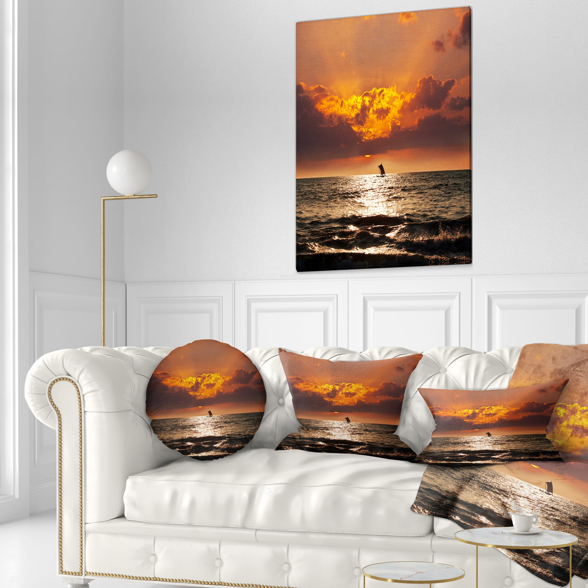 Designart Sunset Beach with Distant Sail Boat - Seashore Throw Pillow - 12x20