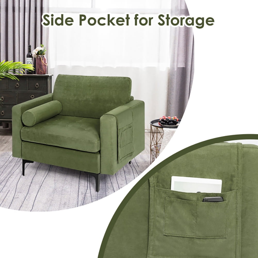 Finihen Upholstered Accent Chair, Modern Accent Chair with Bolster and Side Storage Pocket, for Living Room, Bedroom, Army Green