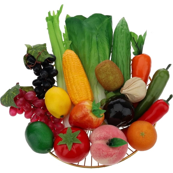 18pcs Artificial Simulation Fruits Vegetables Decoration Home Fake Grape Peach Strawberry Orange Lemon Kiwi Realistic Corn Celery Peppers Carrots Garlic Tomatoes