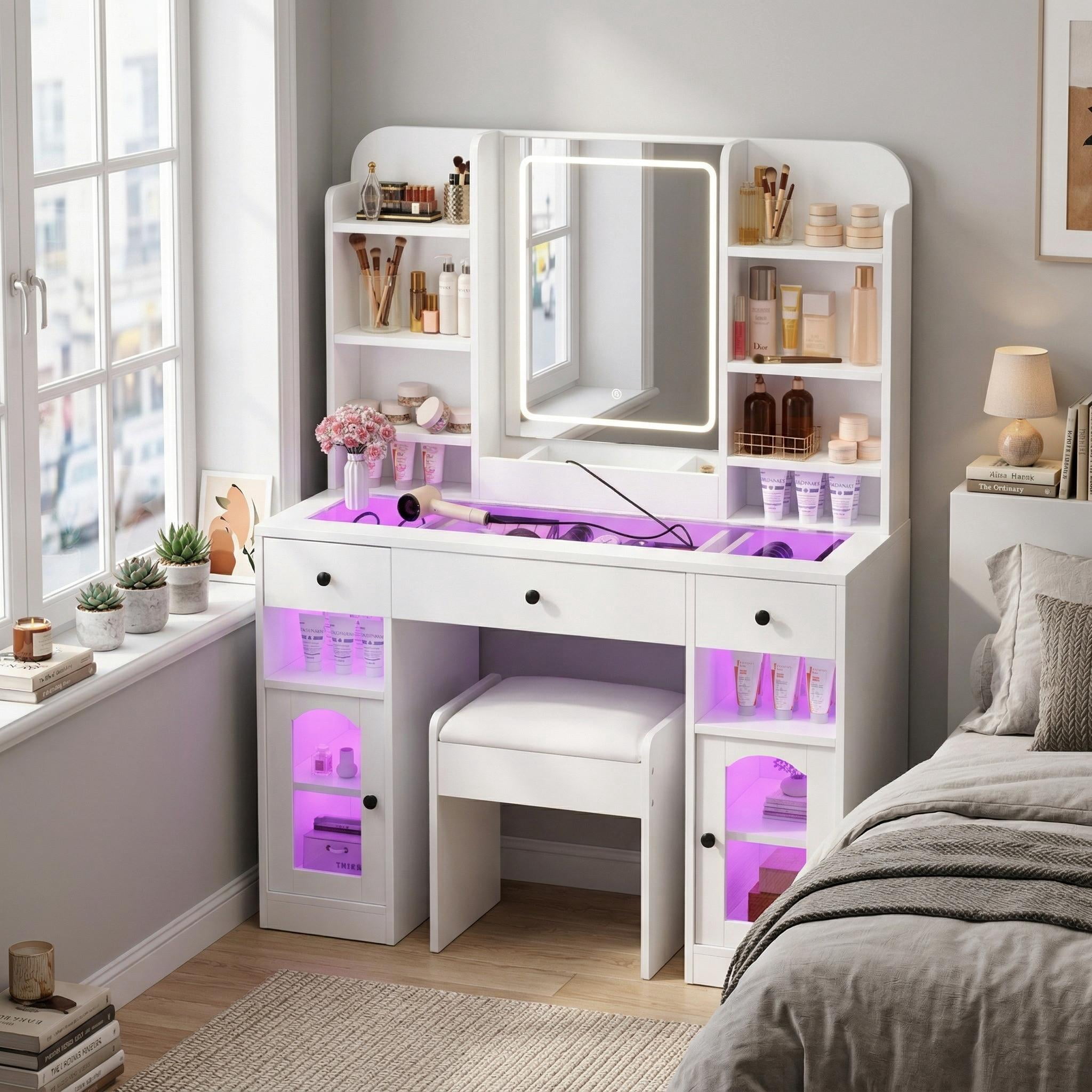 Homy Casa Makeup Vanity Table with Lighted Mirror, RGB Lights, Charging & Stool, White