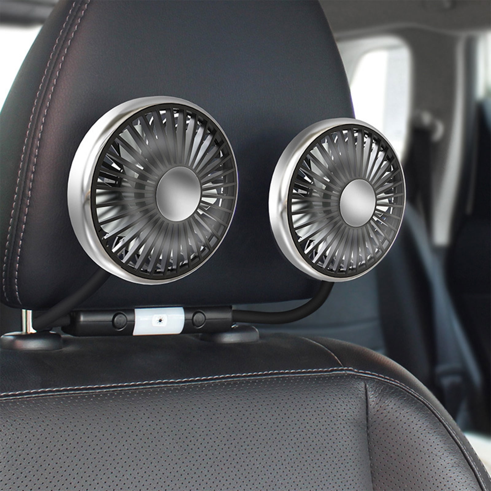 Car Mounted Dual Head Hose Fan with Adjustable Lighting and Type-C USB Power, Quiet Brushless Motor Strong Wind Cooling for Back Seat Headrest Multi Scene Vehicle and Home Use