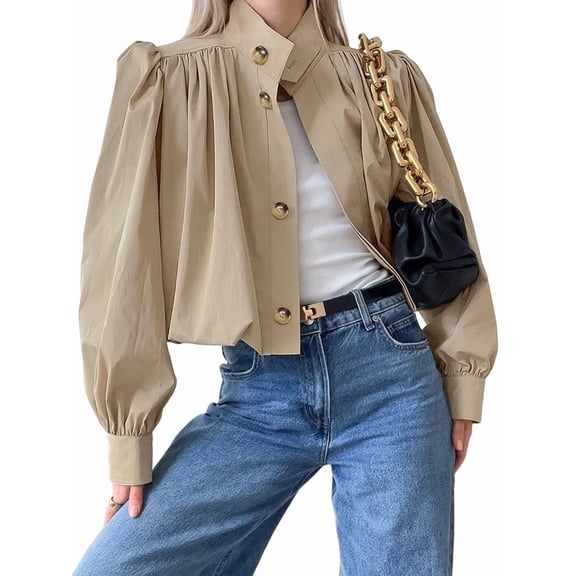 Womens Cropped Pleated Jacket Puff Long Sleeve Button Down Trench Coat Casual Outwear Khaki S