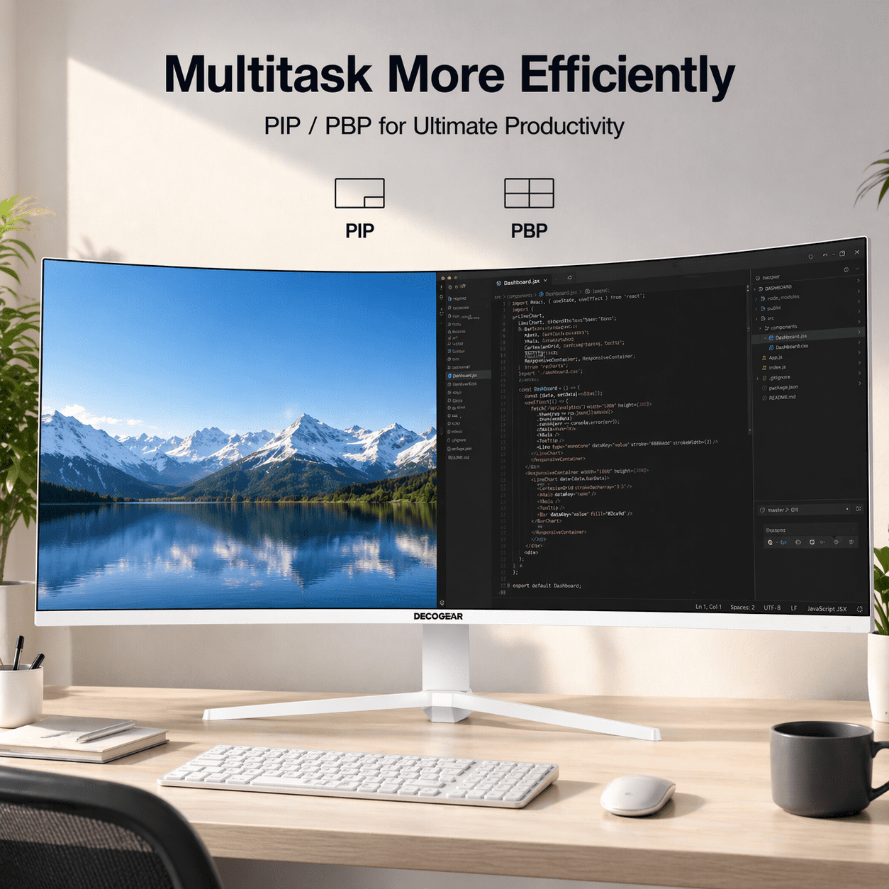 Deco Gear 49" White Curved Ultrawide Monitor, 5120×1440, 120Hz, 1ms MPRT, 32:9, HDR, Adaptive Sync, USB-C, HDMI, DisplayPort, Built-in Speakers, PIP/PBP, White Design