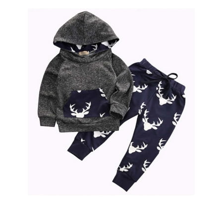 

BrilliantMe 2pcs Cute Baby Unisex Christmas Clothes Hooded Sweatshirt Striped Pants Outfit Cotton Tracksuit Set Dark grey 0-3m