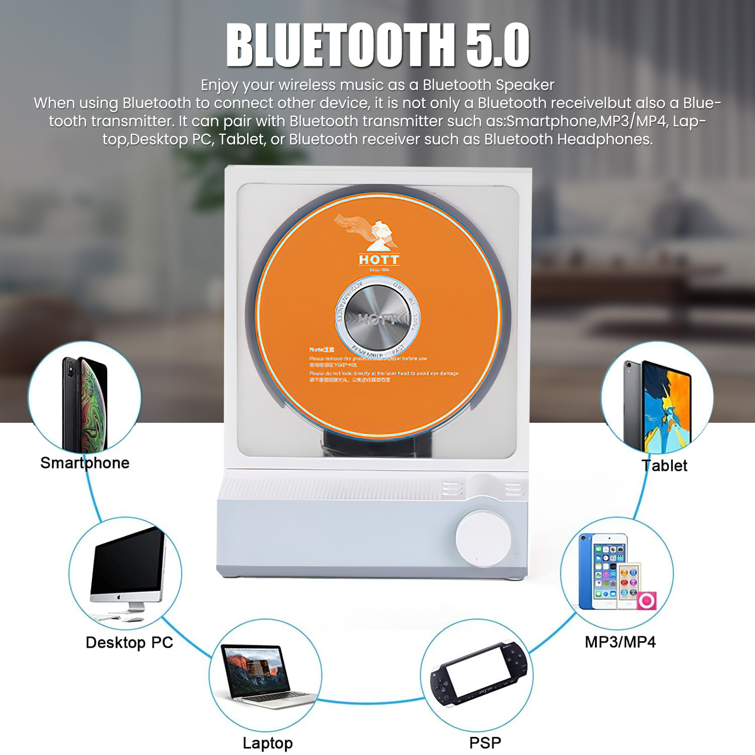 HOTT CD Player Portable Bluetooth Desktop CD Player for Home with Timer Built-in HiFi Speakers Radio CD Player with LCD Display RGB Light Support AUX USB TF Card Playback,CD Disc Transcript To TF Card - image 5 of 9