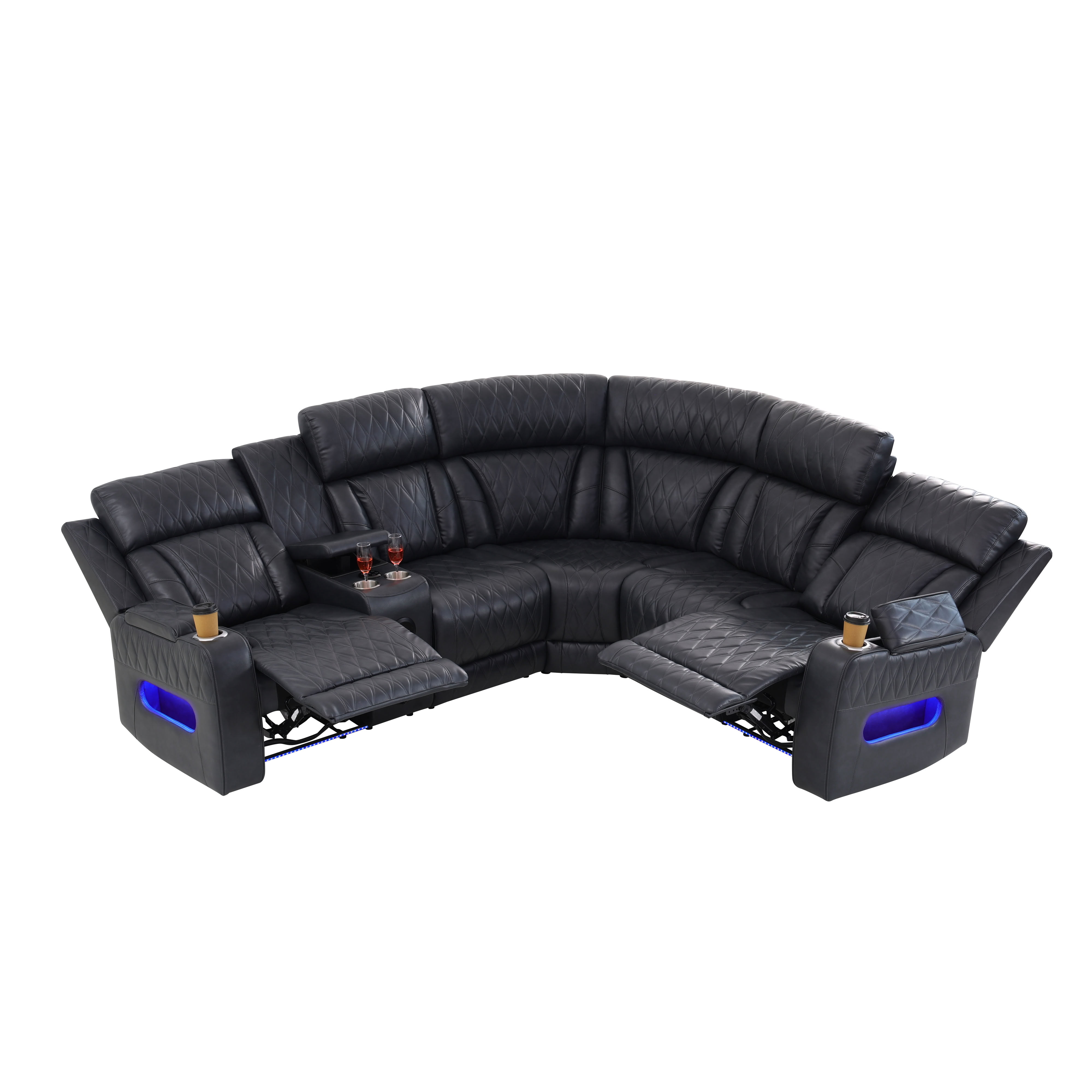 MAYEERTY Oversized Power Recliner Sectional Sofa, L-Shape Corner Couch with Bluetooth Speaker, USB Port, Cup Holders & LED, Semi PU Leather for Living Room, Home Theater