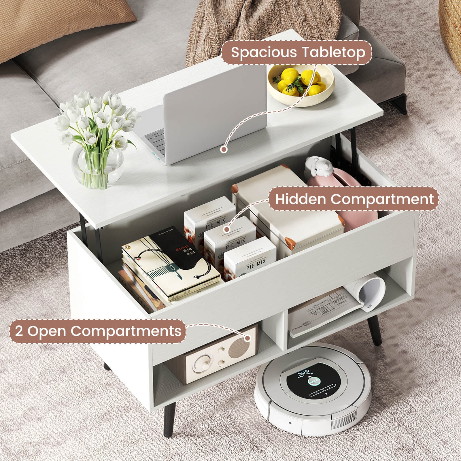 Costway 31.5" Lift Top CoffeeTable ModernTable with Hidden Compartment Wood Legs For Home White