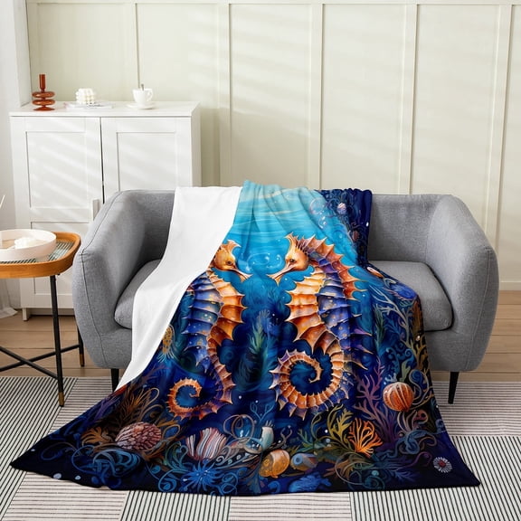 Seahorse Throw Blanket Queen 90x90,Cartoon Seahorse Couple Fleece Blanket for Couch,Underwater World Fuzzy Blanket,Coastal Creature Bed Blanket,Marine Life Sea Anmials Sherpa Blanket