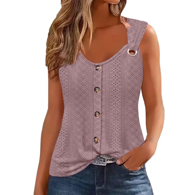 BVOFAR Summer Eyelet Embroidery Tank Tops for Women 2025 Solid Color Button Down Shirts Casual Sleeveless V Neck Tops