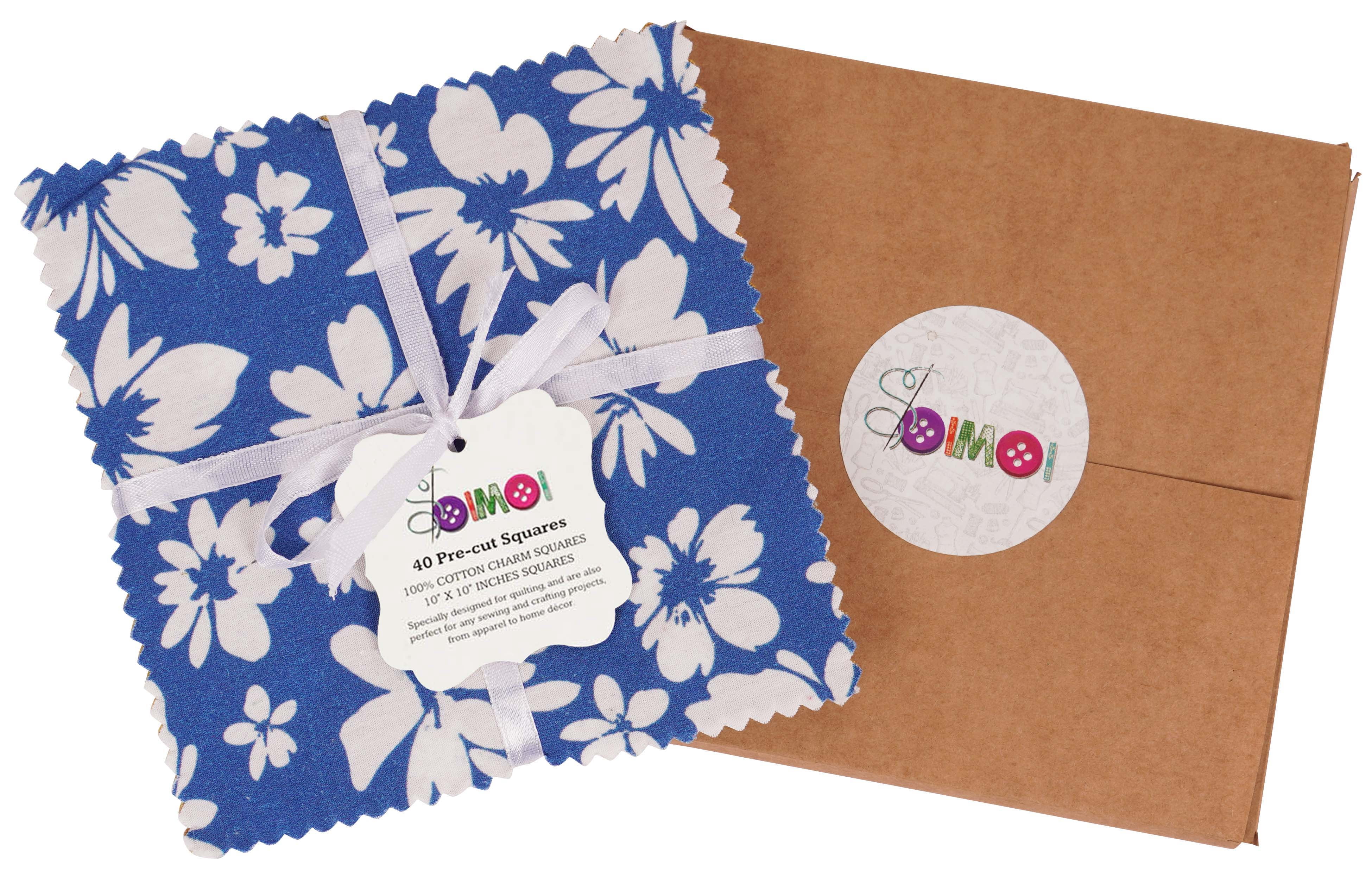 Soimoi Precut 10-inch Florals Prints Cotton Fabric Bundle Quilting Squares Charm Pack DIY Patchwork Sewing Craft- Mustard- Blue- White