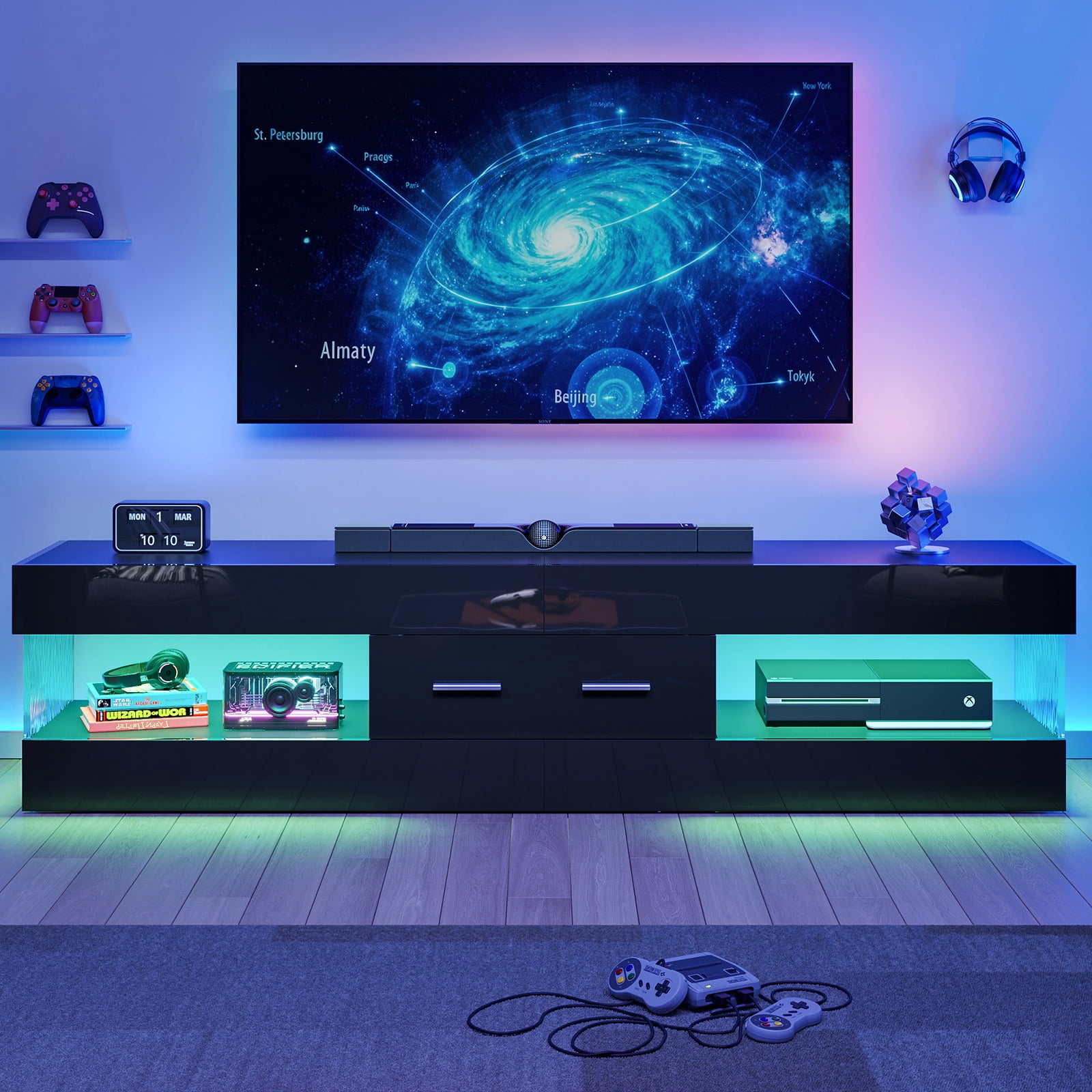 Bestier Black TV Stand for TVs up to 75", Modern Entertainment Center for TVs with LED Light, High Gloss TV Console Table with Storage Drawers