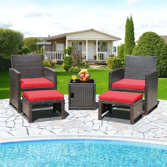 Costway 5PCS Patio Rattan Furniture Set Chair Ottoman Cushioned W/Cover Space Saving Red