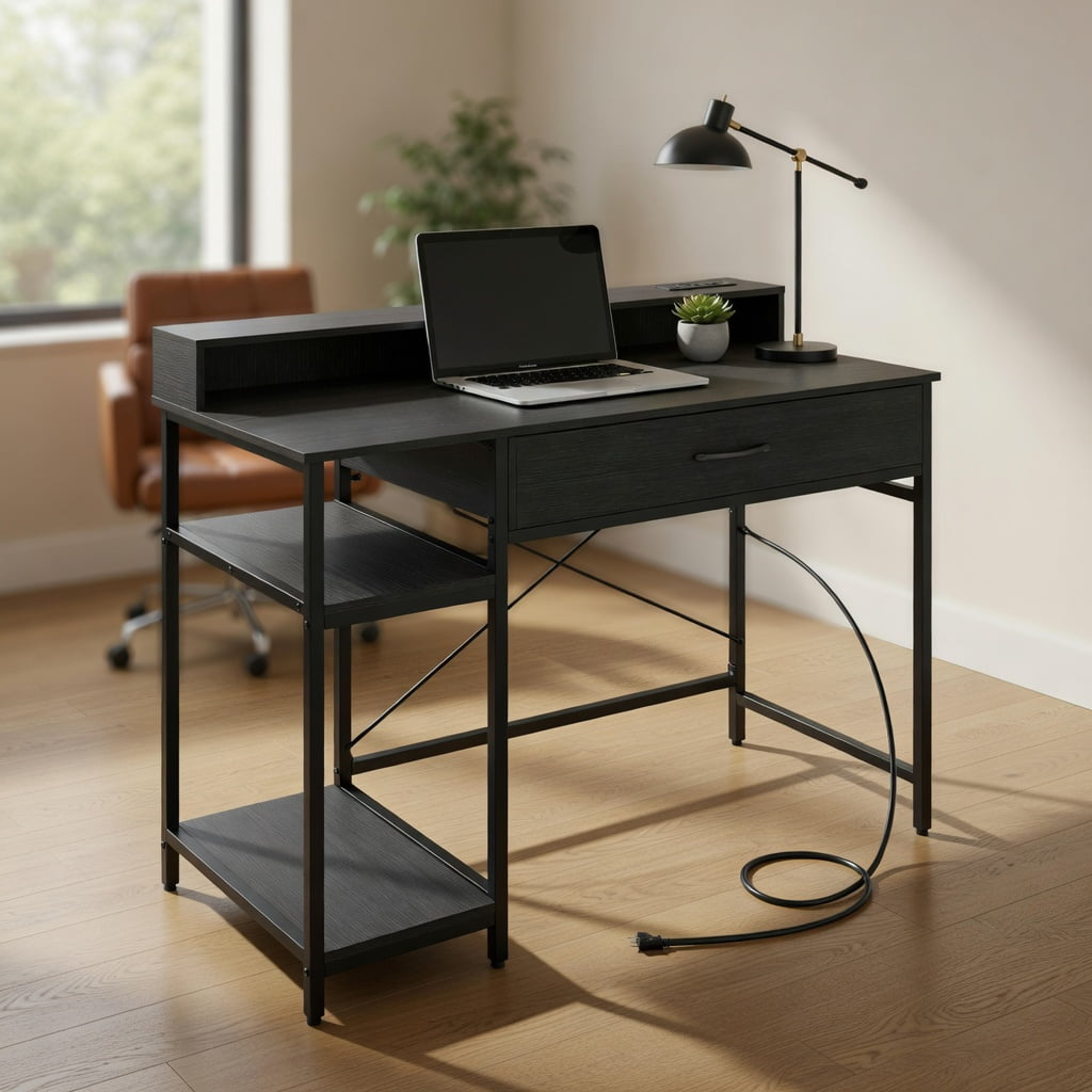 Spaco 42 Inch Writing Desk with Power Outlet Hutch Drawer 2 Open Shelves Heavy Metal Frame Adjustable Feet Cable Port Home Office Writing Table, Black