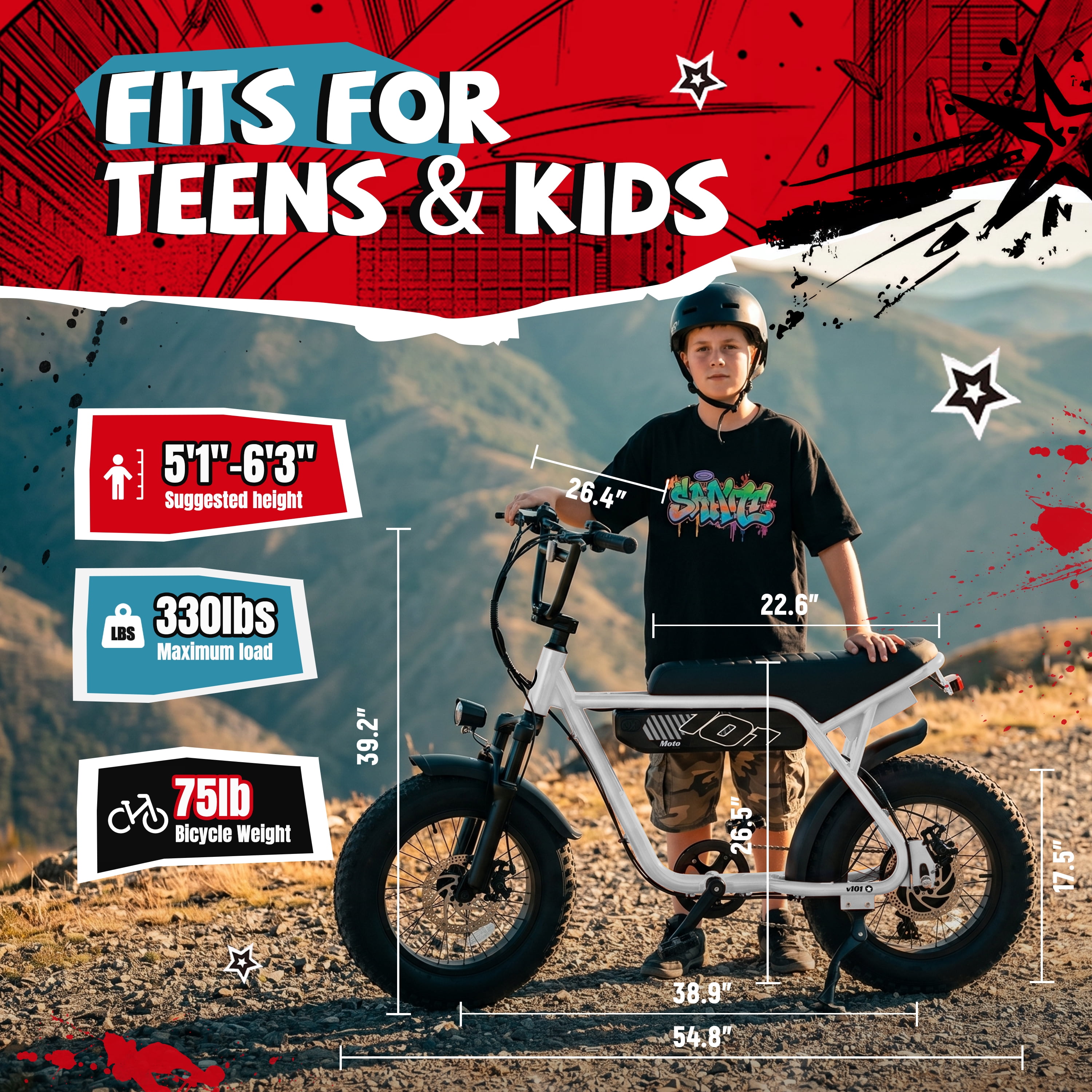 ESKUTE V101 Electric Bike for Adults & Teens 750W Peak 1500W, 28MPH, 48V 13Ah Battery, 16"x4.0" Fat Tire E-Bike, 7-Speed, Front Suspension, All-Terrain Ebike White, UL2849