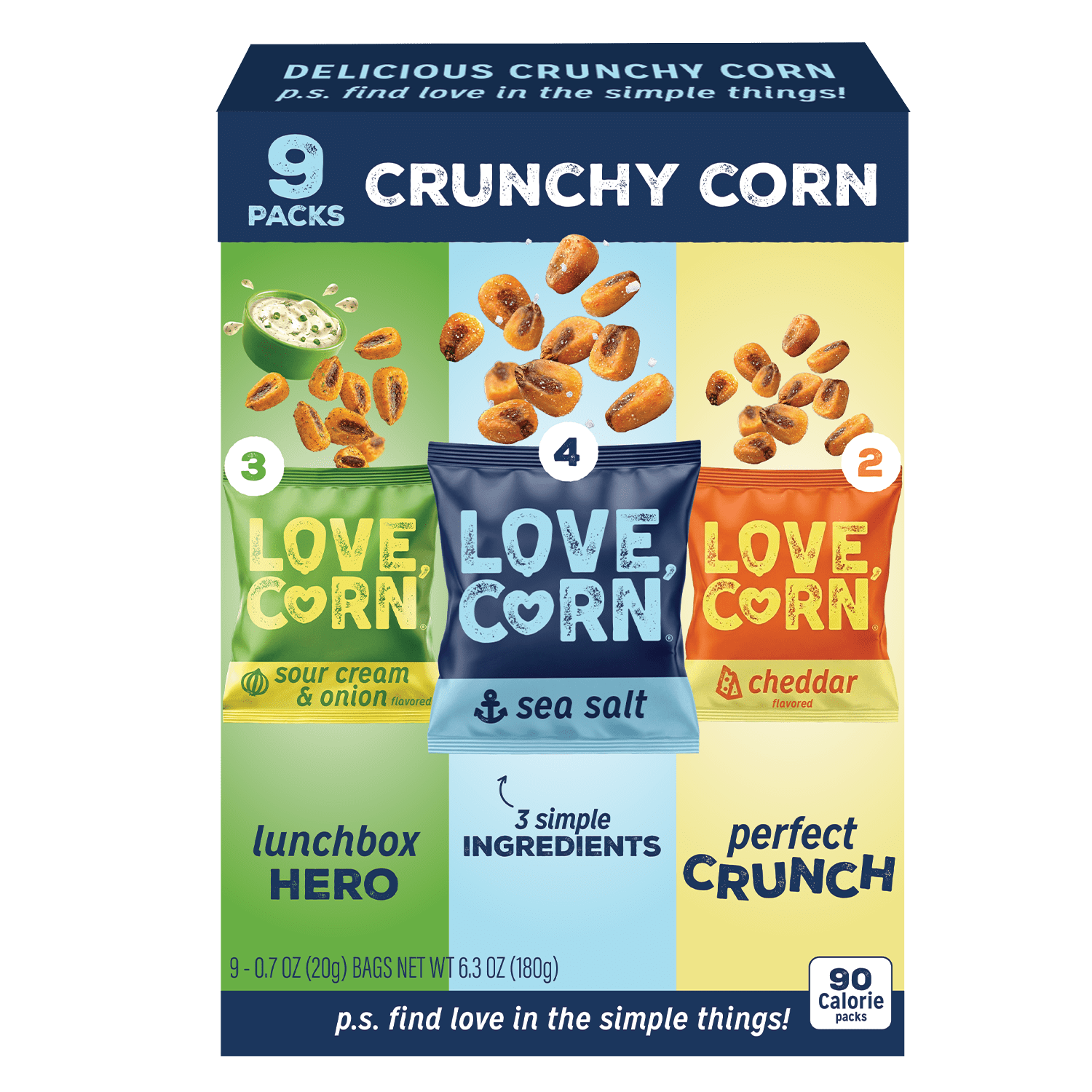 LOVE CORN: 9ct Variety Pack: Sea Salt, Cheddar, and Sour Cream & Onion (9 x 0.7oz) | Roasted Crunchy Corn - Gluten-Free - Plant based & Vegan - Healthy Snack - Low Calorie - Non GMO