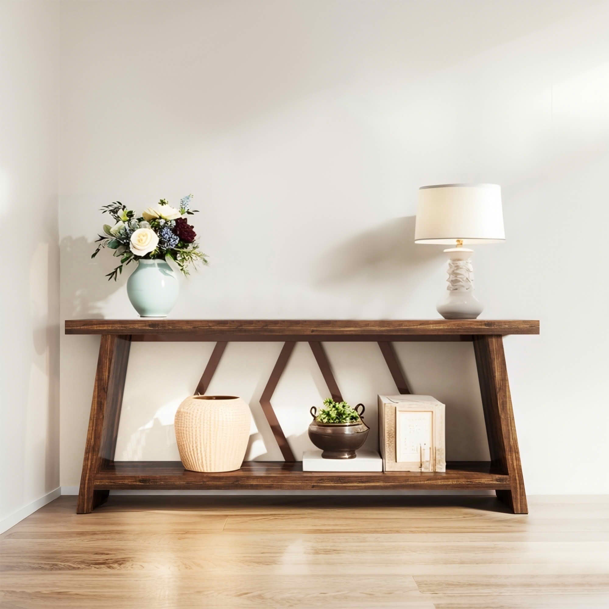 MAYEERTY 70.86" Extra Long 2-Tier Console Table, 1.97" Thick Wood Top Angular Rustic Metal Frame Sofa Table